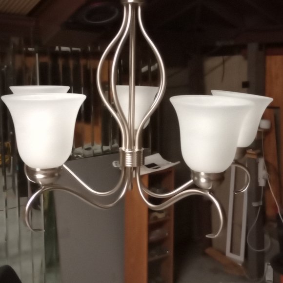 Satin Nickel Single-Tier Chandelier Ceiling Light in Frosted - Picture 3 of 5